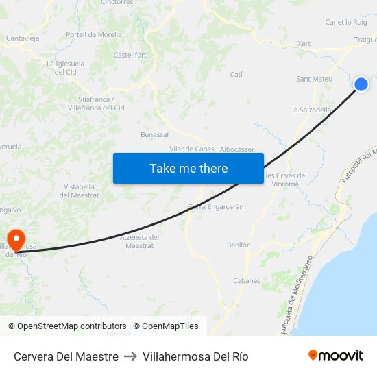 Cervera Del Maestre to Villahermosa Del Río map