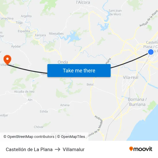 Castellón de La Plana to Villamalur map