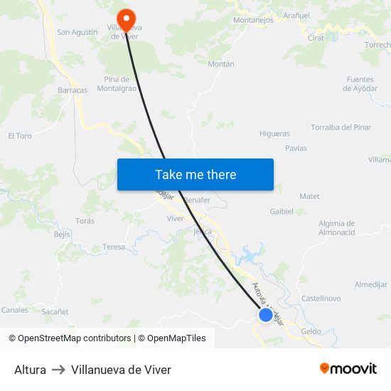 Altura to Villanueva de Viver map