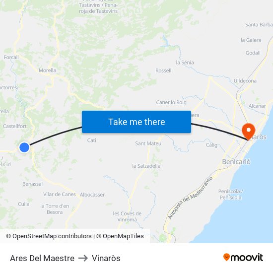 Ares Del Maestre to Vinaròs map