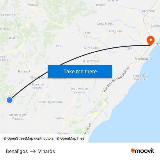 Benafigos to Vinaròs map