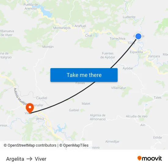 Argelita to Viver map