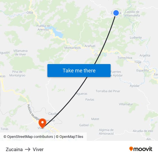 Zucaina to Viver map