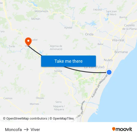 Moncofa to Viver map
