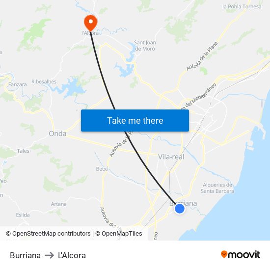 Burriana to L'Alcora map