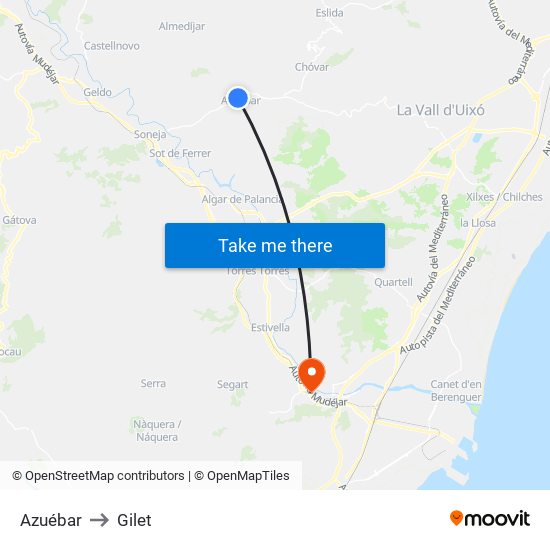 Azuébar to Gilet map