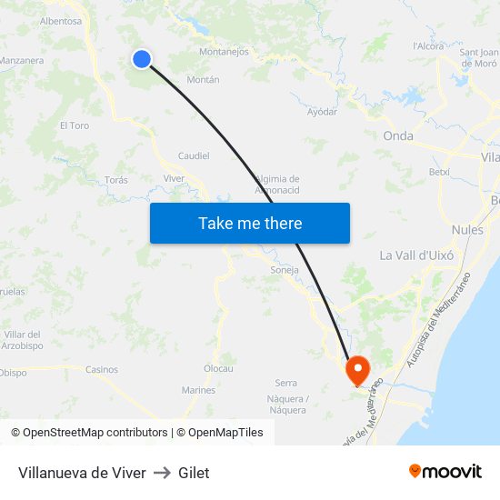 Villanueva de Viver to Gilet map