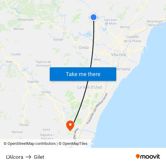 L'Alcora to Gilet map