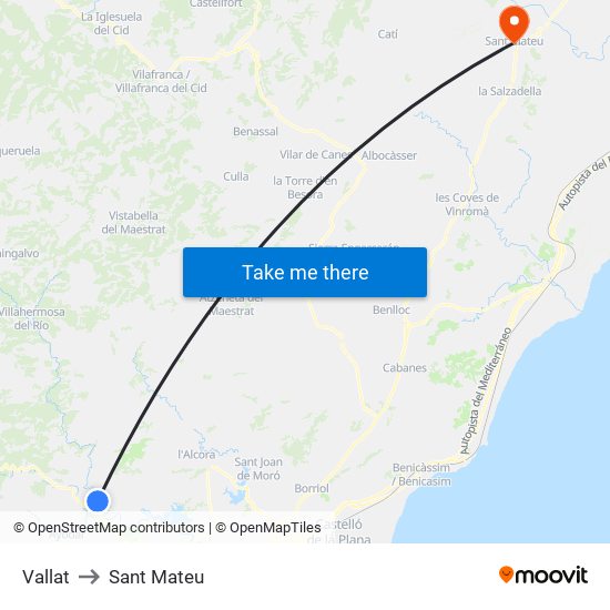 Vallat to Sant Mateu map