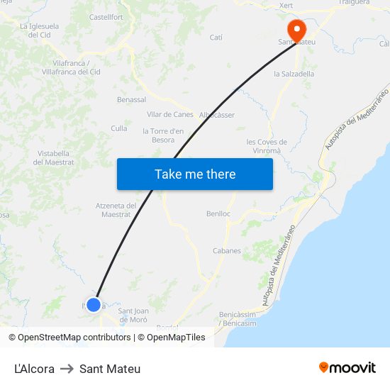 L'Alcora to Sant Mateu map