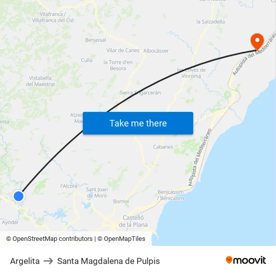 Argelita to Santa Magdalena de Pulpis map