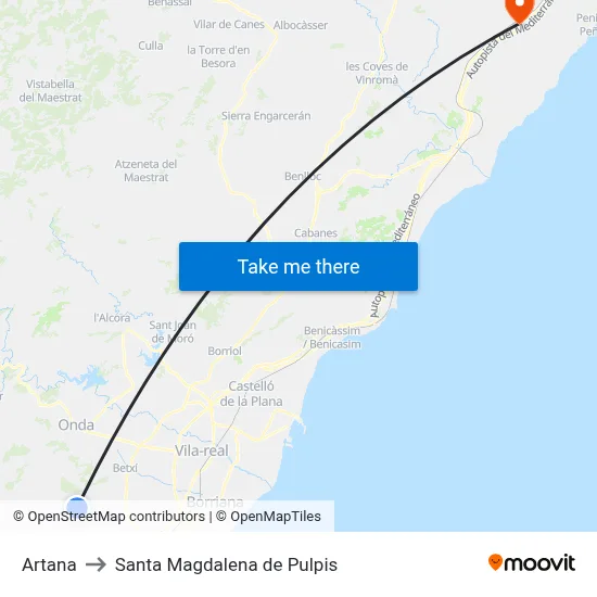 Artana to Santa Magdalena de Pulpis map