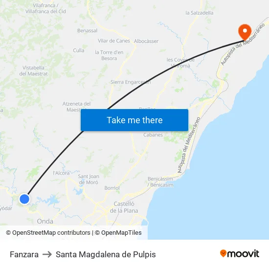 Fanzara to Santa Magdalena de Pulpis map