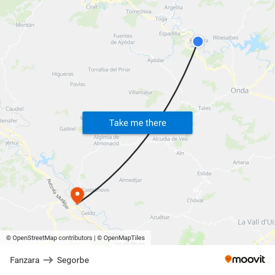 Fanzara to Segorbe map