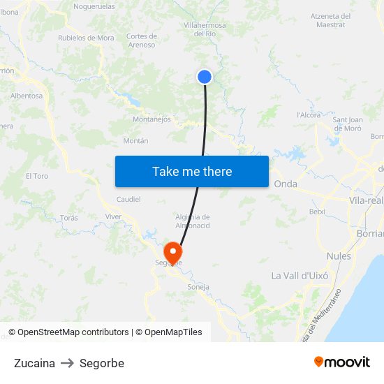 Zucaina to Segorbe map