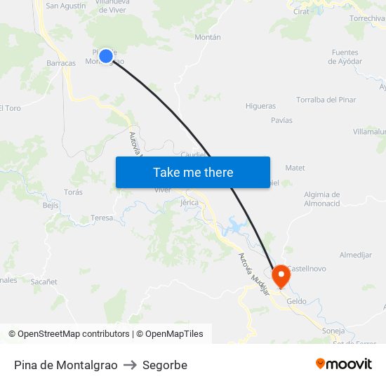 Pina de Montalgrao to Segorbe map