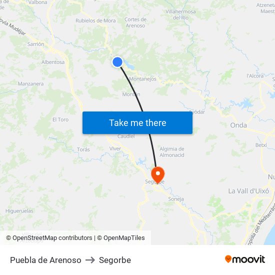 Puebla de Arenoso to Segorbe map
