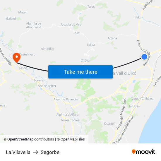 La Vilavella to Segorbe map
