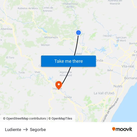Ludiente to Segorbe map
