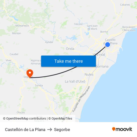 Castellón de La Plana to Segorbe map