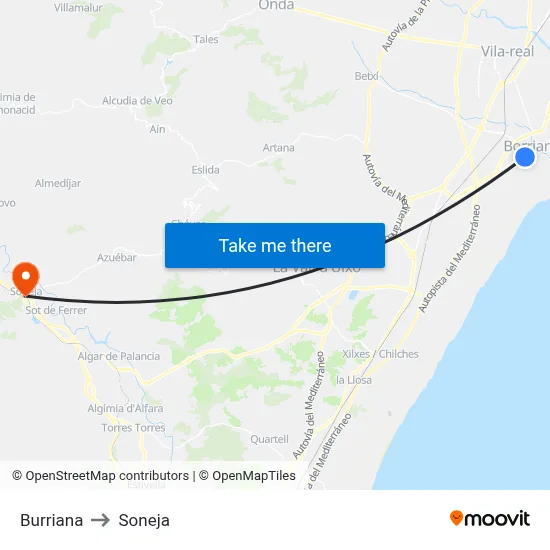 Burriana to Soneja map