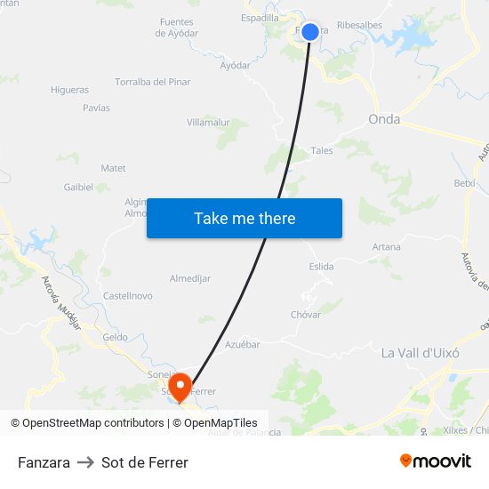 Fanzara to Sot de Ferrer map