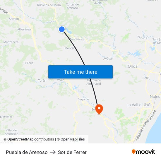Puebla de Arenoso to Sot de Ferrer map
