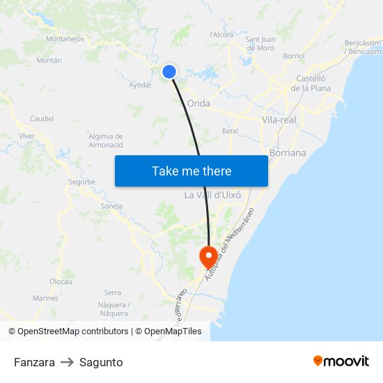 Fanzara to Sagunto map