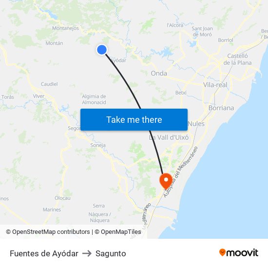 Fuentes de Ayódar to Sagunto map