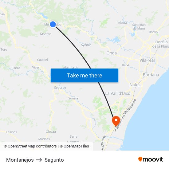 Montanejos to Sagunto map