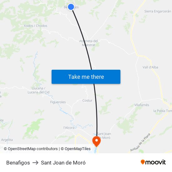 Benafigos to Sant Joan de Moró map