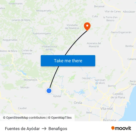 Fuentes de Ayódar to Benafigos map