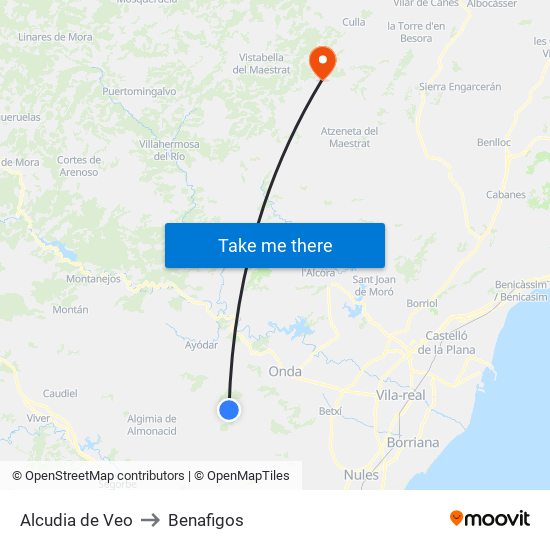 Alcudia de Veo to Benafigos map