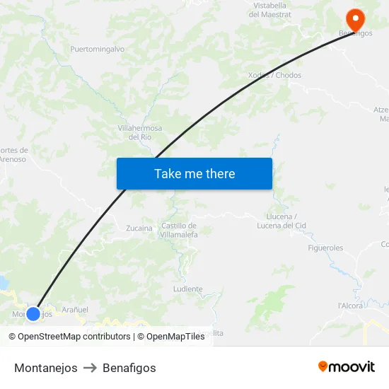 Montanejos to Benafigos map