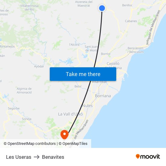 Les Useras to Benavites map