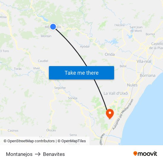 Montanejos to Benavites map