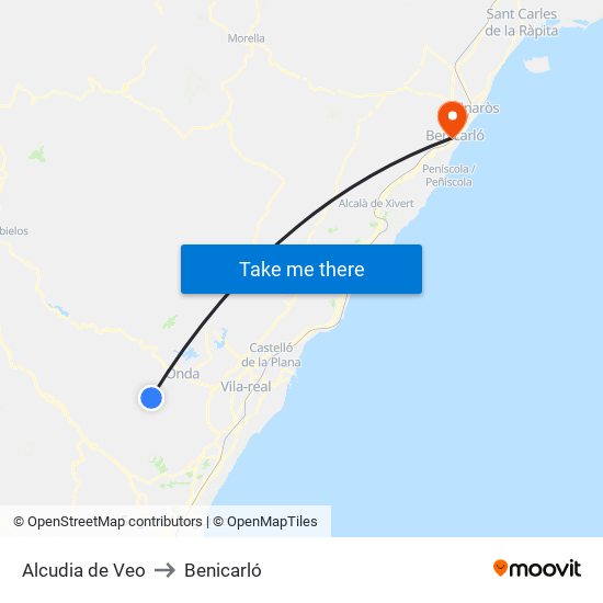 Alcudia de Veo to Benicarló map