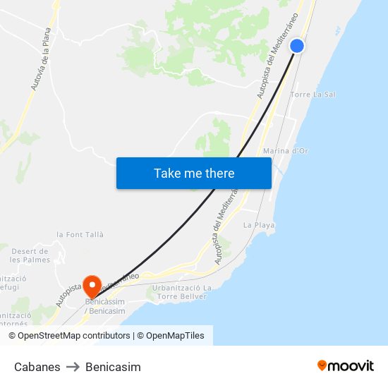 Cabanes to Benicasim map