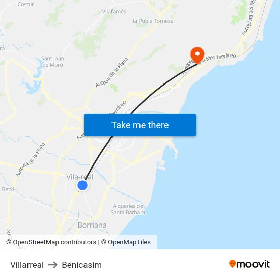 Villarreal to Benicasim map