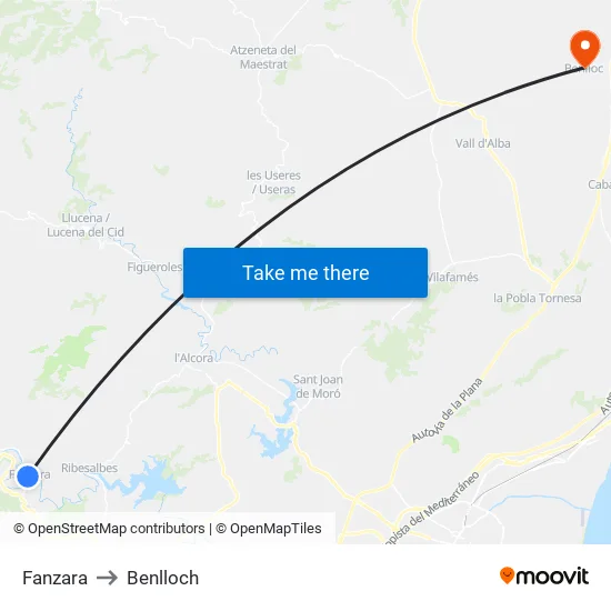 Fanzara to Benlloch map