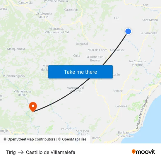 Tírig to Castillo de Villamalefa map