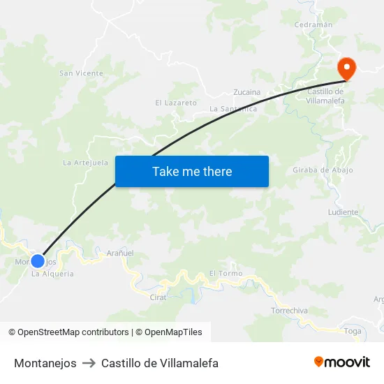 Montanejos to Castillo de Villamalefa map
