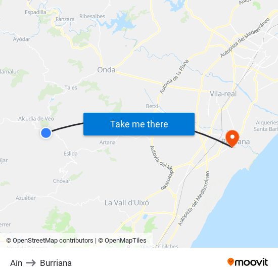 Aín to Burriana map