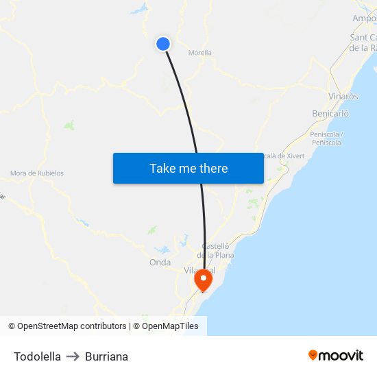 Todolella to Burriana map