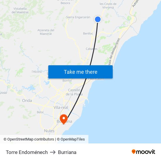 Torre Endoménech to Burriana map