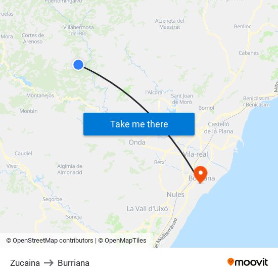 Zucaina to Burriana map