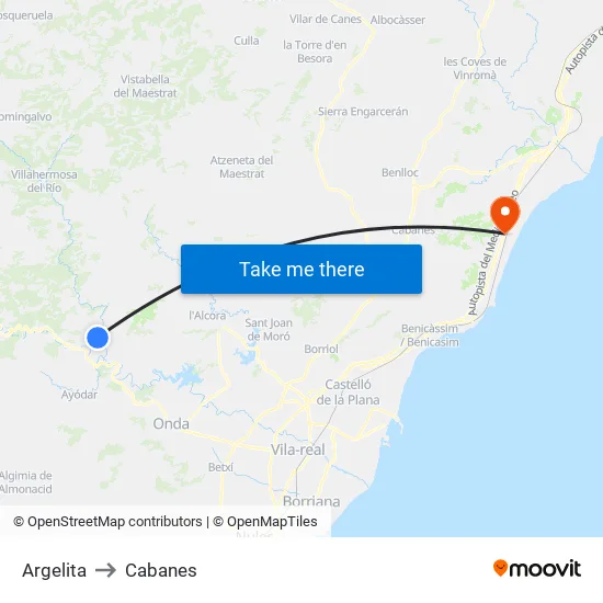 Argelita to Cabanes map