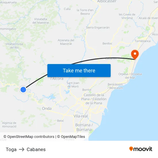 Toga to Cabanes map