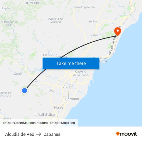 Alcudia de Veo to Cabanes map