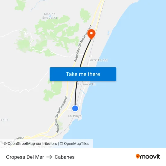 Oropesa Del Mar to Cabanes map